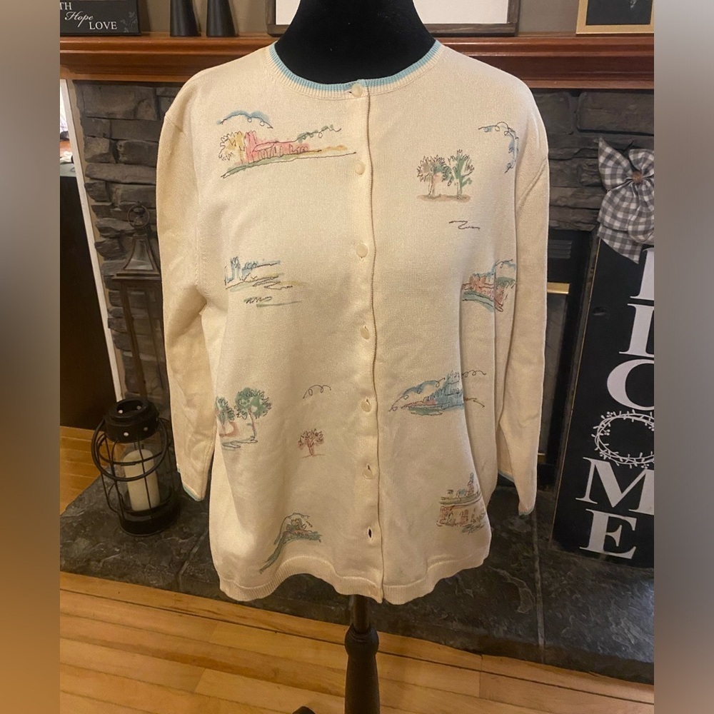 VTG Pendleton Cream Novelty Print Cardigan L